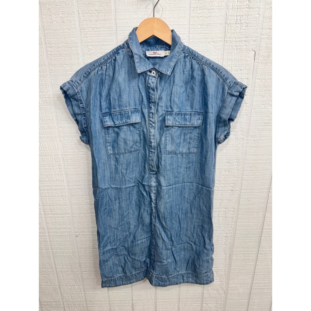Vineyard Vines Chambray Shirt Dress Women Blue Cap Sleeve Tencel Mini Small